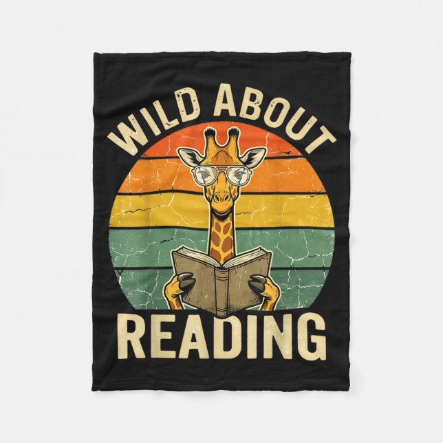 Wild About Reading Giraffe Book Lover Retro Fleece Blanket (Front)