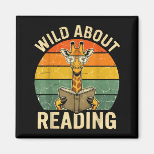 Wild About Reading Giraffe Book Lover Retro Magnet