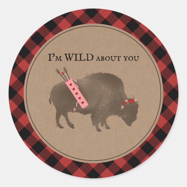 Wild About You Buffalo Plaid Cupid Valentine Classic Round Sticker (Front)