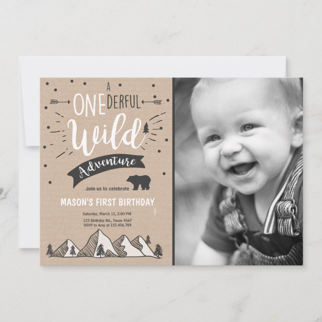 Wild adventure First birthday invitation one Brown (Front)