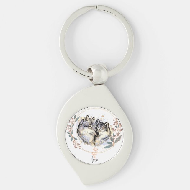 Wild Affection – Wolves in Love Illustration Key Ring (Front)