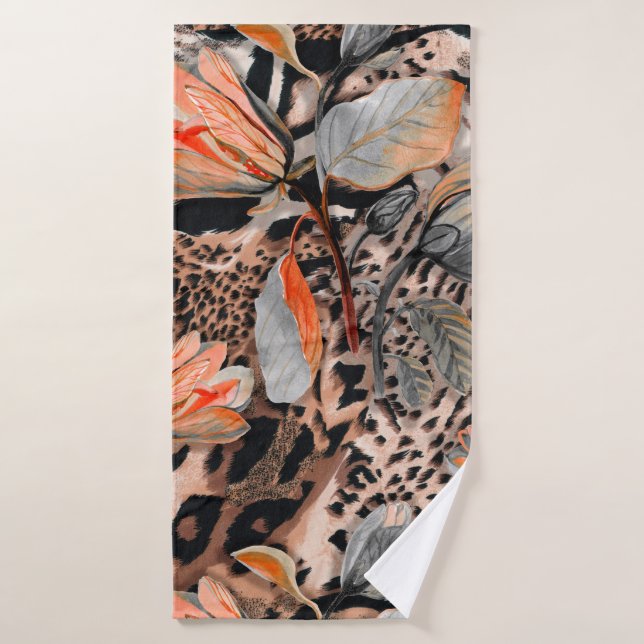 Wild african animal skin with browm flowers patter bath towel (Bath Towel)