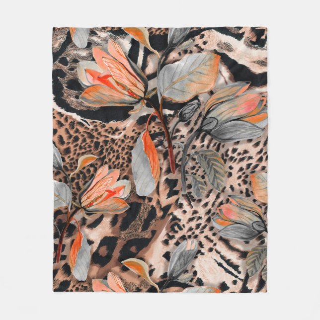 Wild african animal skin with browm flowers patter fleece blanket (Front)
