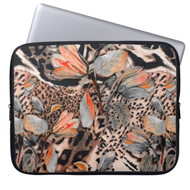 Wild african animal skin with browm flowers patter laptop sleeve (Front)