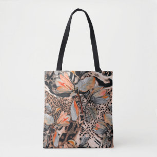 Wild african animal skin with browm flowers patter tote bag