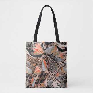Wild african animal skin with browm flowers patter tote bag