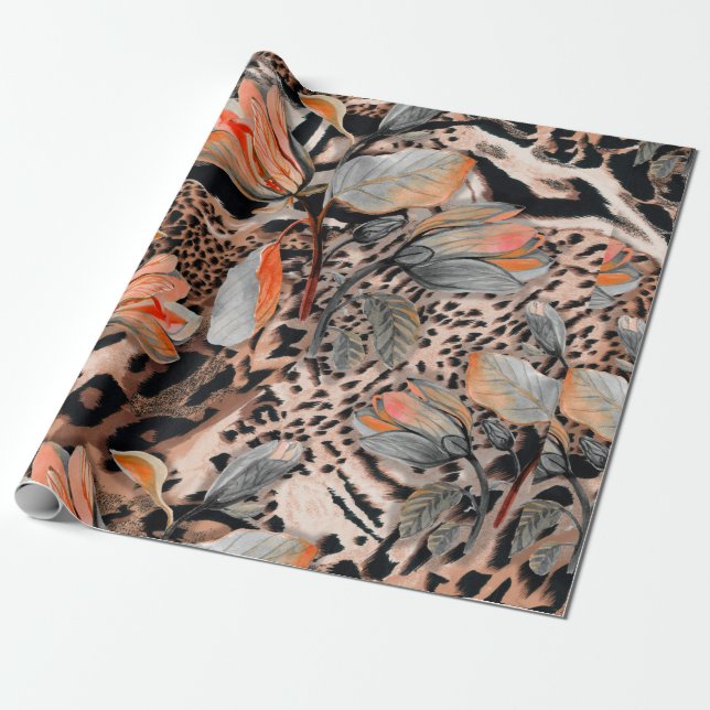 Wild african animal skin with browm flowers patter wrapping paper (Unrolled)