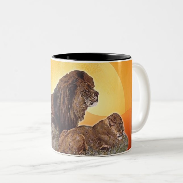 Wild African cats lioness and lion Two-Tone Coffee Mug (Front Right)