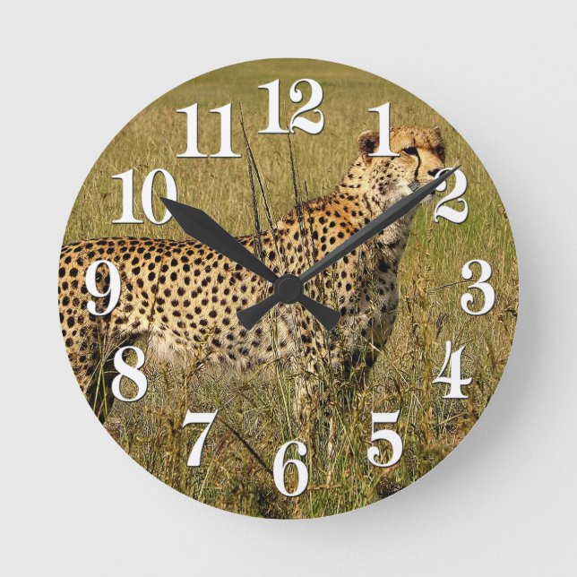 Wild African Cheetah in Savannah Grasses Round Clock (Front)