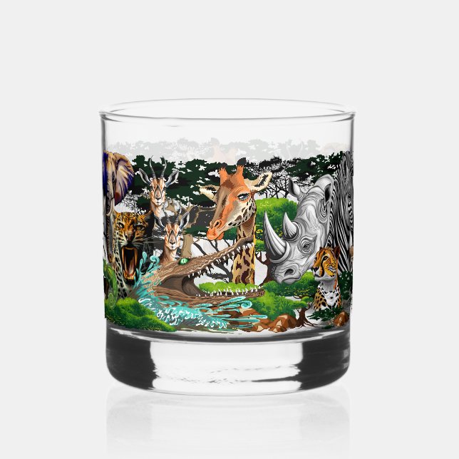 Wild African Savanna Animals Whiskey Glass (Front)