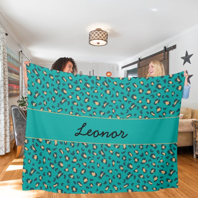 Wild and Cozy Teal and Tan Leopard Animal Print Fleece Blanket (Creator Uploaded)