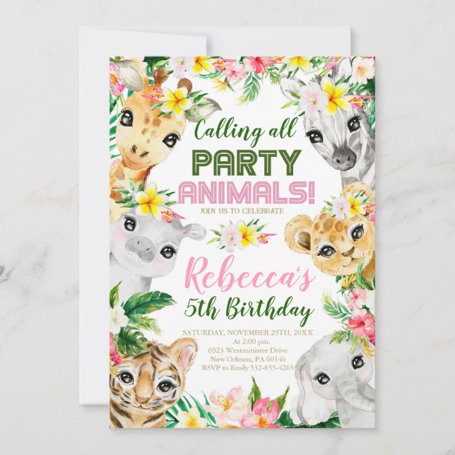 Wild and Five Party Animals Birthday Invitation (Front)