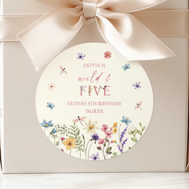 Wild and Five Wildflower 5th Birthday Party Classic Round Sticker (Creator Uploaded)