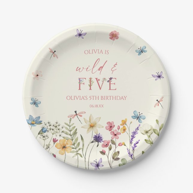 Wild and Five Wildflower 5th Birthday Party Paper Plate (Front)