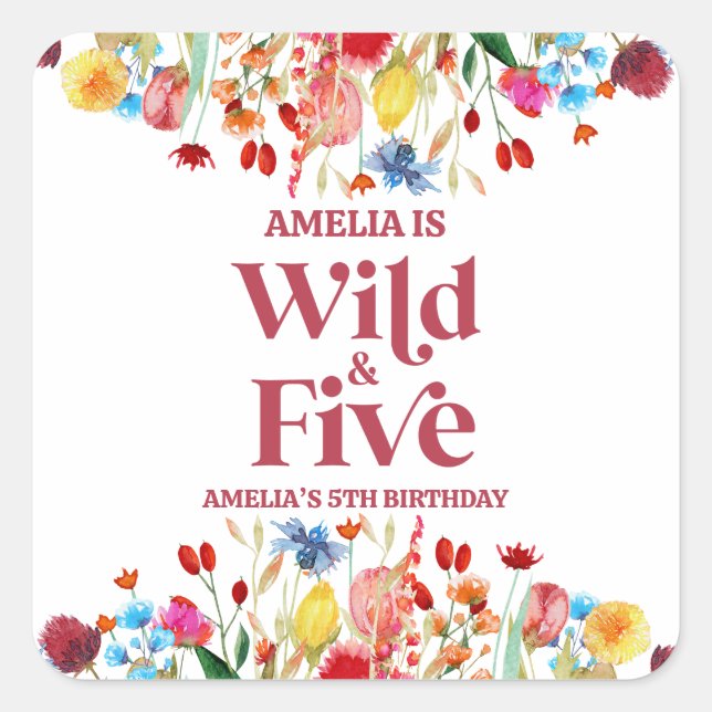 Wild and Five Wildflower 5th Fifth Birthday Party Square Sticker (Front)