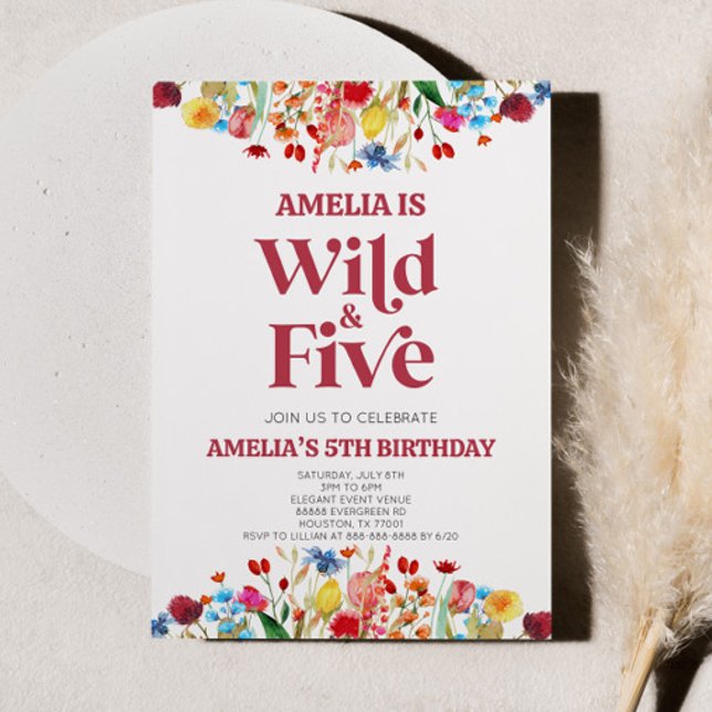 Wild and Five Wildflower Fifth 5th Birthday Party Invitation (Creator Uploaded)
