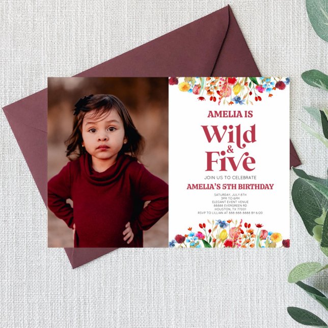 Wild and Five Wildflower Fifth 5th Birthday Party Invitation (Creator Uploaded)