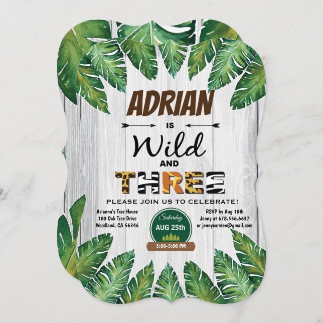Wild and Free 3rd birthday invitation. Boy jungle Invitation (Front/Back)