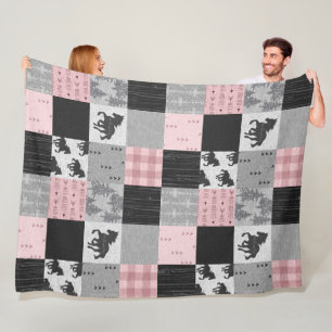Wild and Free Horses Patchwork- pink Fleece Blanket