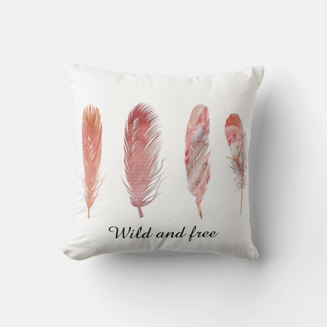 Wild and free pink and peach feathers on white cushion (Front)