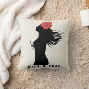 Wild and Free Woman Silhouette Rose Poster Art Cushion