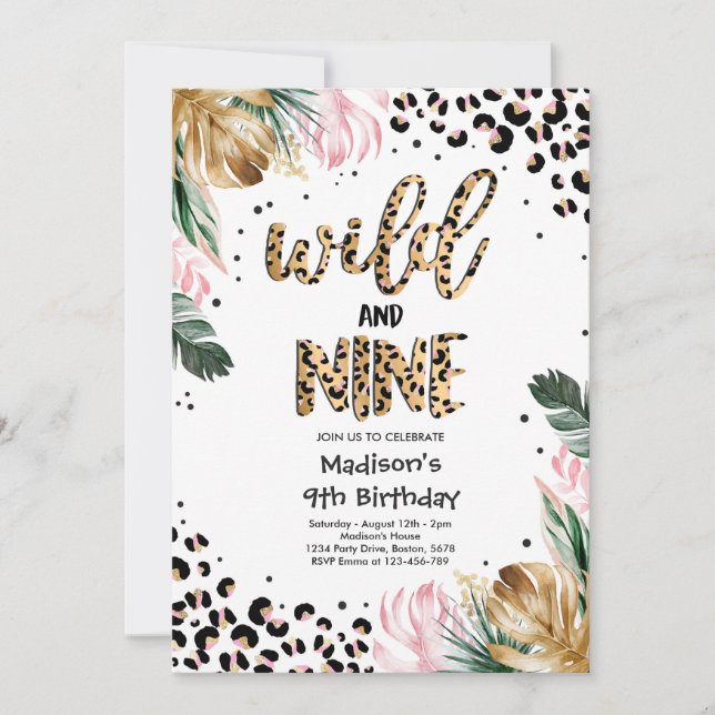 Wild And Nine Leopard Print 9th Birthday Party Invitation (Front)