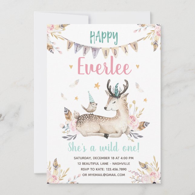 Wild and One Deer and Animals Birthday Invitation (Front)