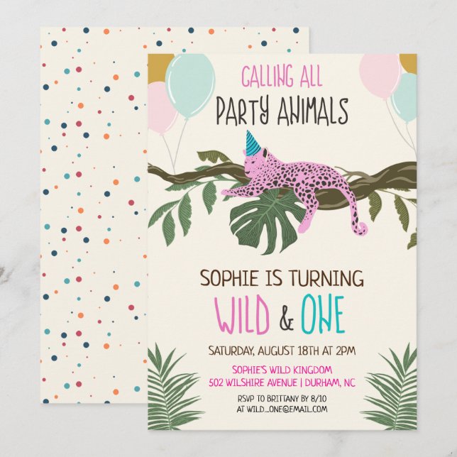 Wild and One Jungle Zoo Birthday Invitation Girl (Front/Back)