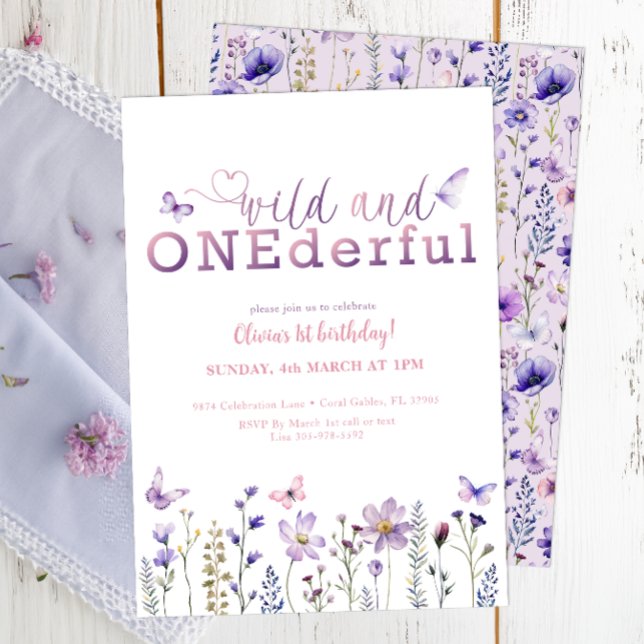 Wild and ONEderful 1st Birthday Invitation (Purple Wildflower 1st Birthday Invitation)