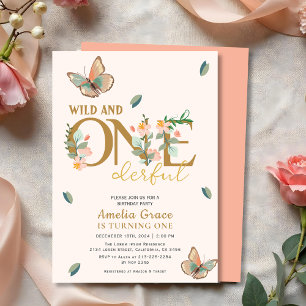 Wild and onederful peach floral 1st birthday  invitation