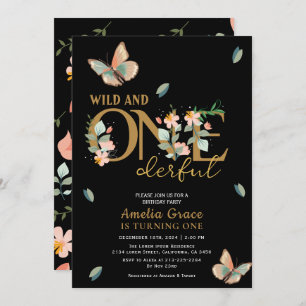 Wild and onederful peach floral 1st birthday invitation