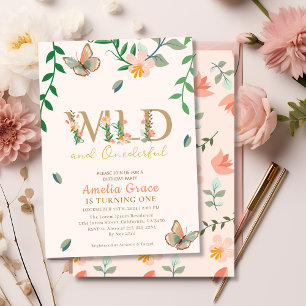 Wild and onederful peach floral girl 1st birthday  invitation