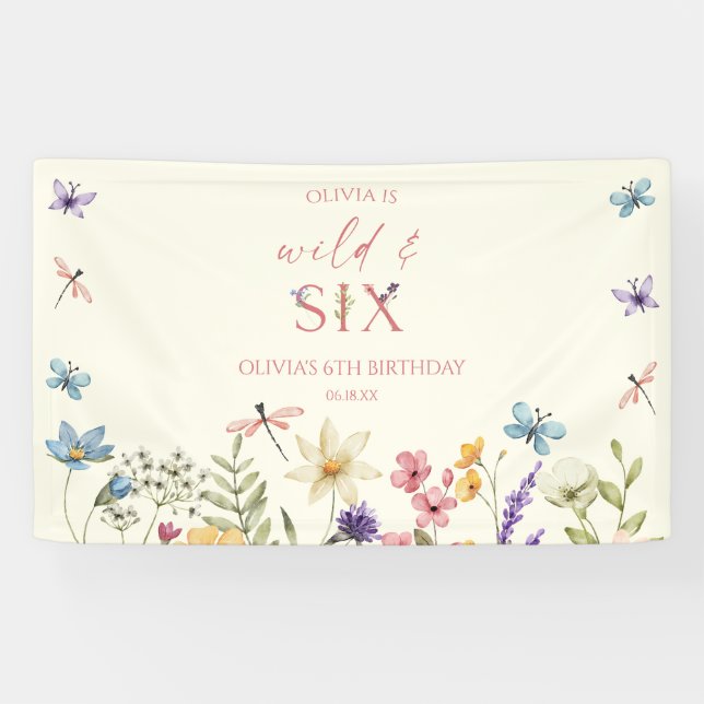 Wild and Six Wildflower 6th Birthday Party Banner (Horizontal)