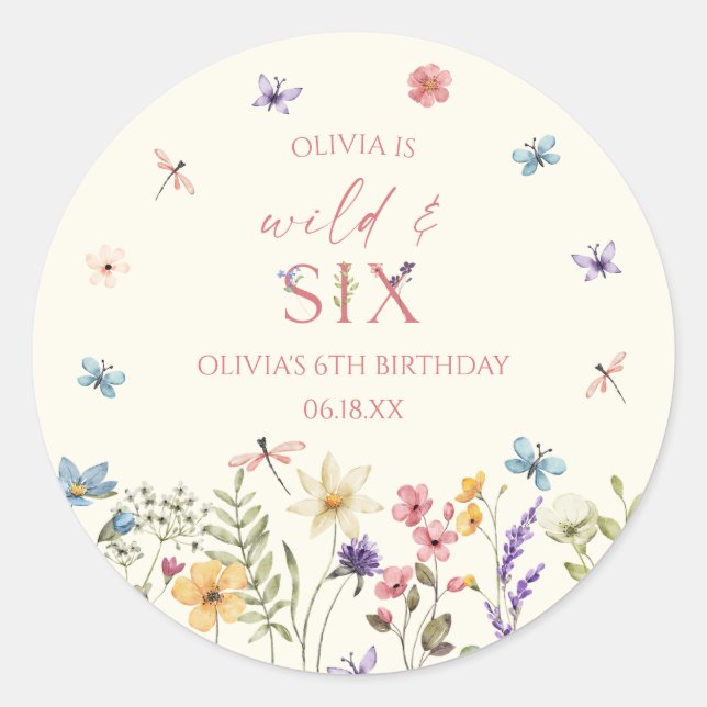 Wild and Six Wildflower 6th Birthday Party Classic Round Sticker (Front)