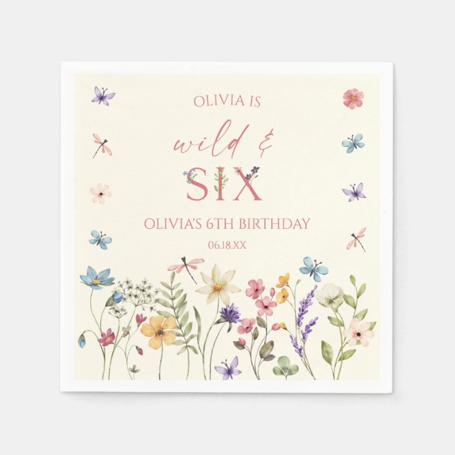 Wild and Six Wildflower 6th Birthday Party Napkin (Front)