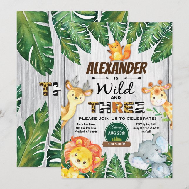 Wild and Three 3rd birthday invitation safari (Front/Back)