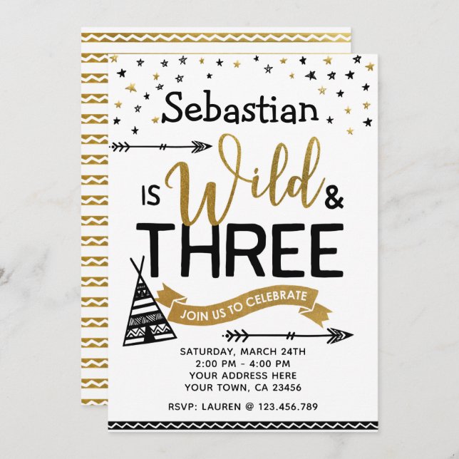Wild and Three Birthday Invitation (Front/Back)