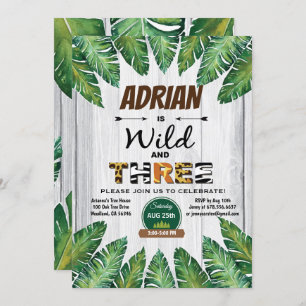 Wild and Three birthday invitation. Boy jungle Invitation