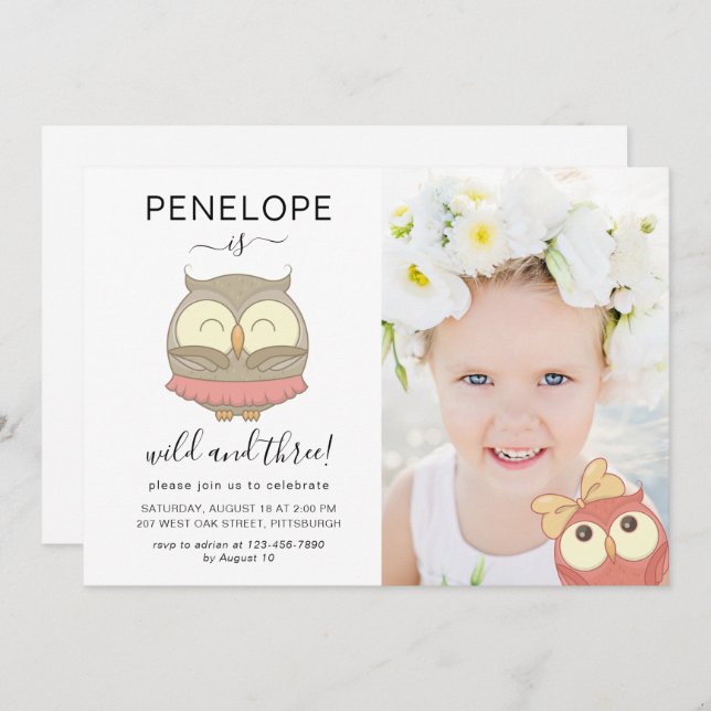 Wild and Three Cute Owls Photo Birthday Party Invitation (Front/Back)