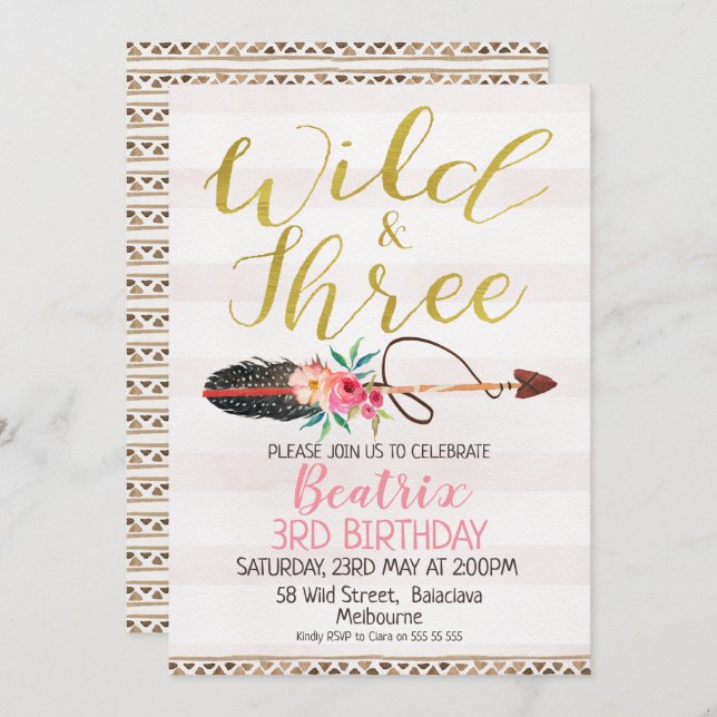 Wild And Three Girls 3rd Birthday Invitation (Front/Back)