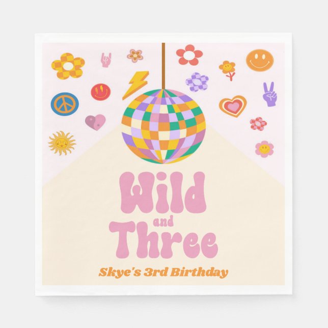 Wild and Three Retro Disco Ball 3rd Birthday Party Napkin (Front)
