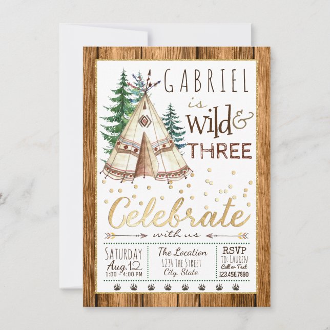 Wild and Three Tribal TeePee Third 3rd Birthday Invitation (Front)