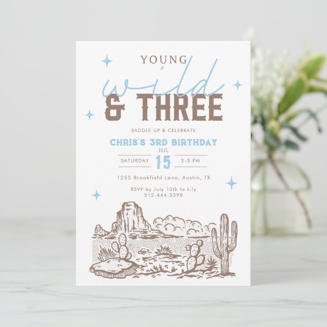 Wild and Three Western 3rd Birthday Cowboy Invitation (Standing Front)