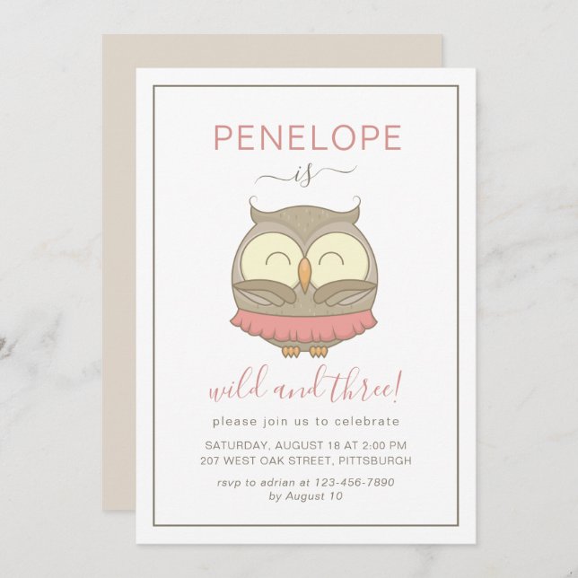 Wild and Three Whimsical Owl Birthday Party Invitation (Front/Back)