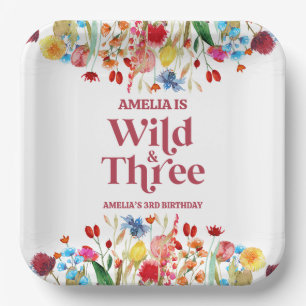 Wild and Three Wildflower Third 3rd Birthday Party Paper Plate