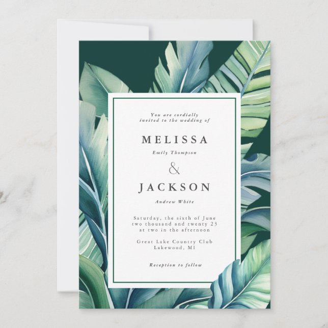 Wild and Tropical Leaves Exotic Foliage Green Invitation (Front)