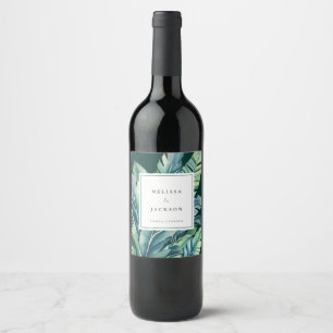 Wild and Tropical Leaves Exotic Foliage Green Wine Label