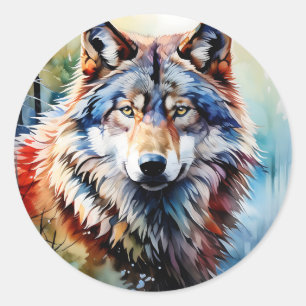 Wild and Vibrant Wolf Portrait in Watercolor Classic Round Sticker