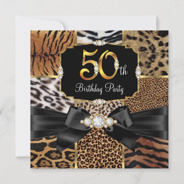 Wild Animal Gold black Diamond 50th Birthday party Invitation (Front)