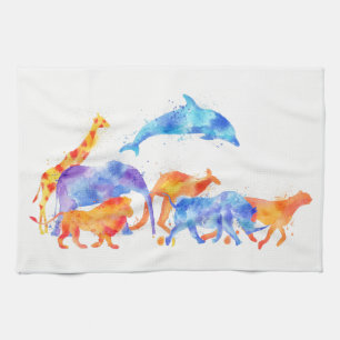Wild Animal Group Colourful Watercolor Tea Towel